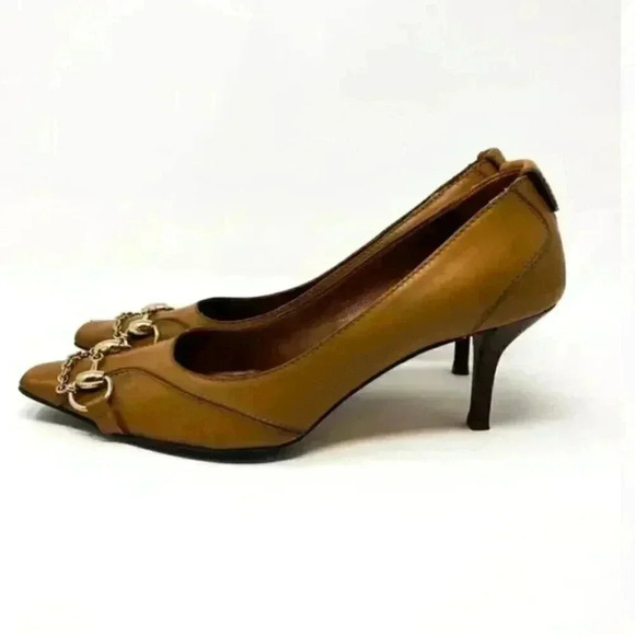 Gucci Brown Leather Gold Horsebit Chain Pointed Toe Kitten Heel Pumps Size 10 - Picture 7 of 15
